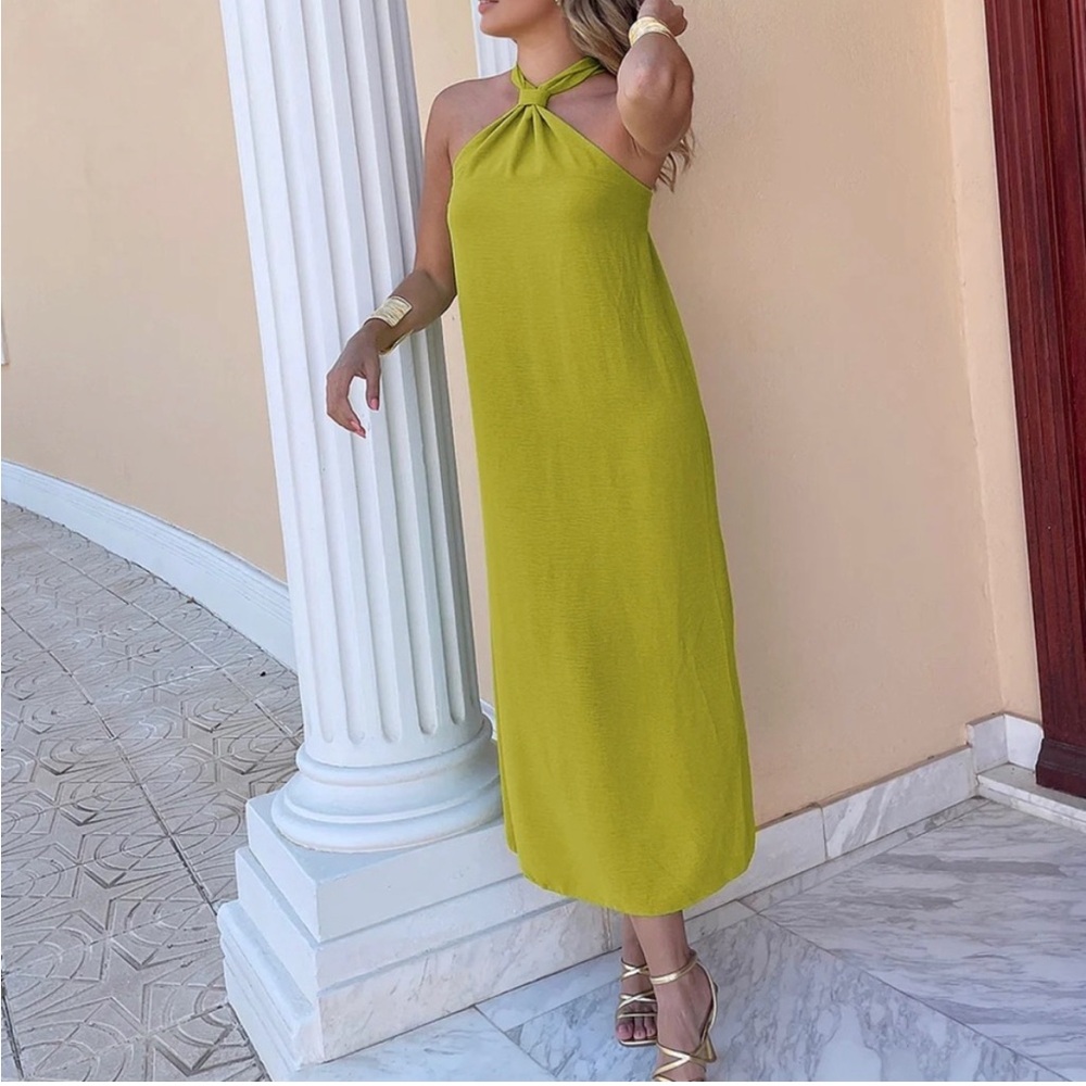 Commense Revolve Green Cross Halter Split Long Dr… - image 1